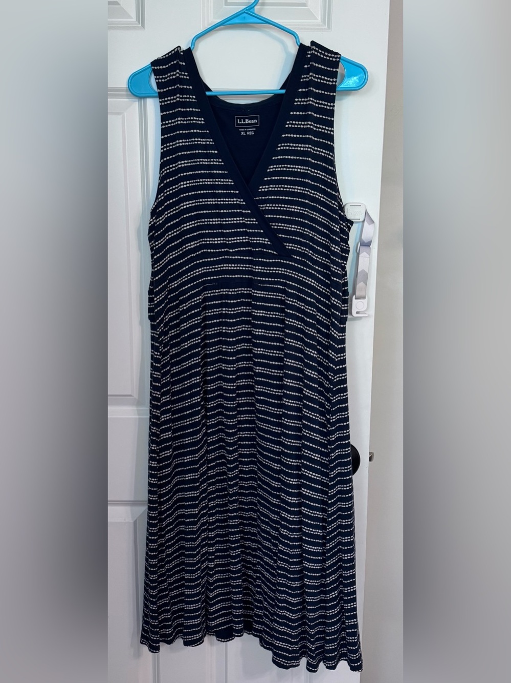 L.L.Bean Navy blue with Ivory dots stripes dress faux wrap Women’s XL midi